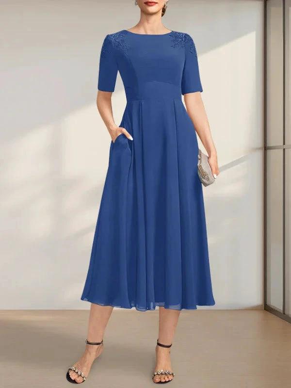 A-line Scoop Tea-Length Chiffon Mother of the Bride Dress With Appliques Lace Sequins by Dreamylily