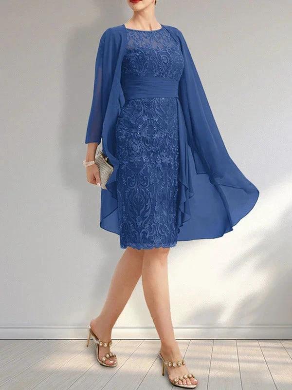 Sheath Scoop Illusion Knee-Length Lace Chiffon Mother of the Bride Dress With Cascading Ruffles Sequins by Dreamylily