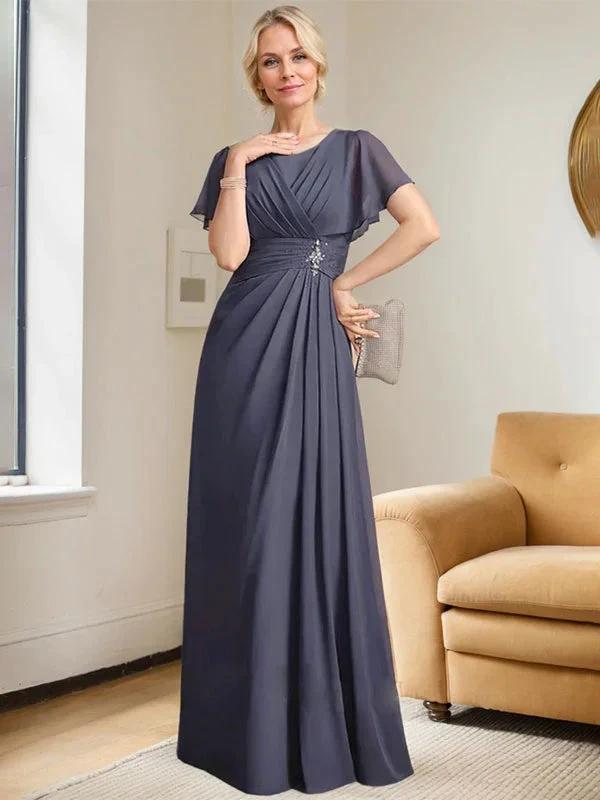 A-line Scoop Floor-Length Chiffon Mother of the Bride Dress With Pleated Beading by Dreamylily