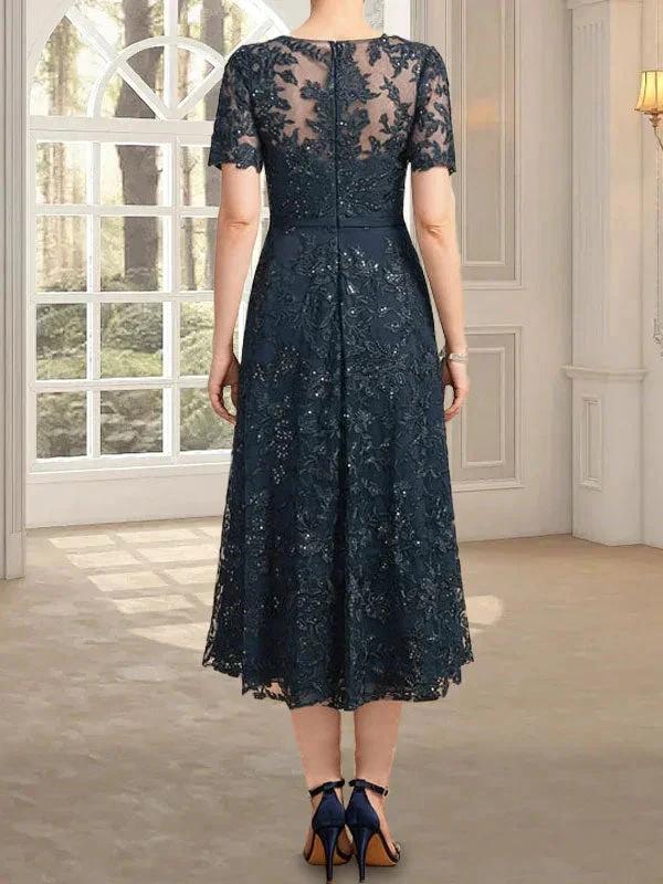 A-line Scoop Illusion Tea-Length Lace Mother of the Bride Dress With Sequins by Dreamylily