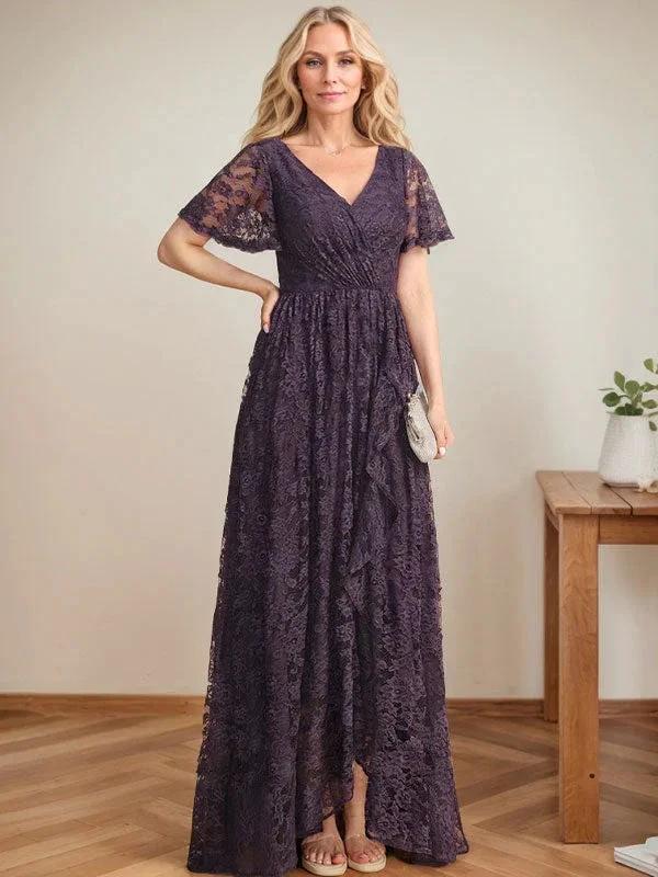 A-Line V-Neck Asymmetrical Lace Mother of the Bride Dress With Cascading Ruffles by Dreamylily