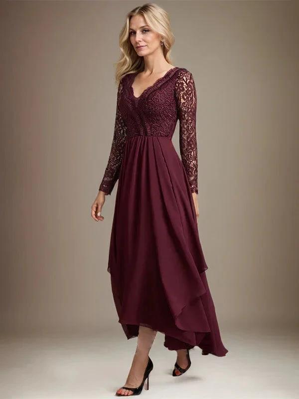 A-line V-Neck Asymmetrical Lace Chiffon Mother of the Bride Dress by Dreamylily