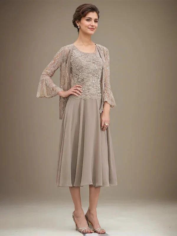 A-line Scoop Tea-Length Lace Chiffon Mother of the Bride Dress With Sequins by Dreamylily