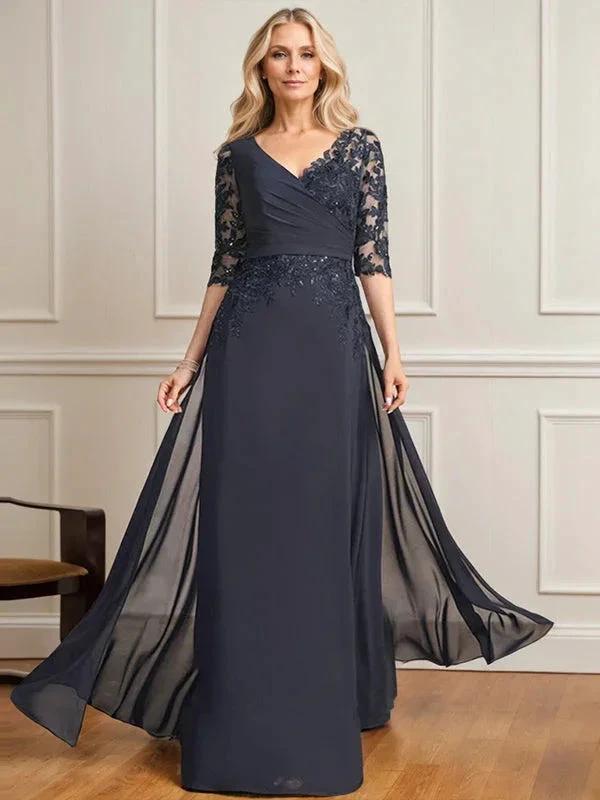 A-line V-Neck Floor-Length Lace Chiffon Mother of the Bride Dress With Pleated Sequins by Dreamylily