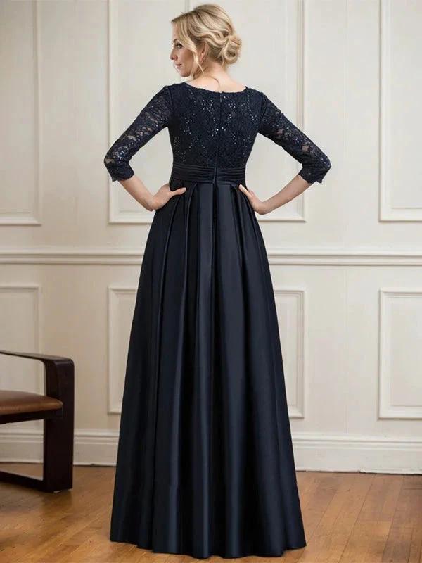 A-line V-Neck Floor-Length Satin Lace Mother of the Bride Dress With Sequins Bow by Dreamylily