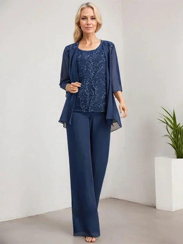 Separates Jumpsuit/Pantsuit Scoop Floor-Length Lace Chiffon Mother of the Bride Dress With Sequins by Dreamylily