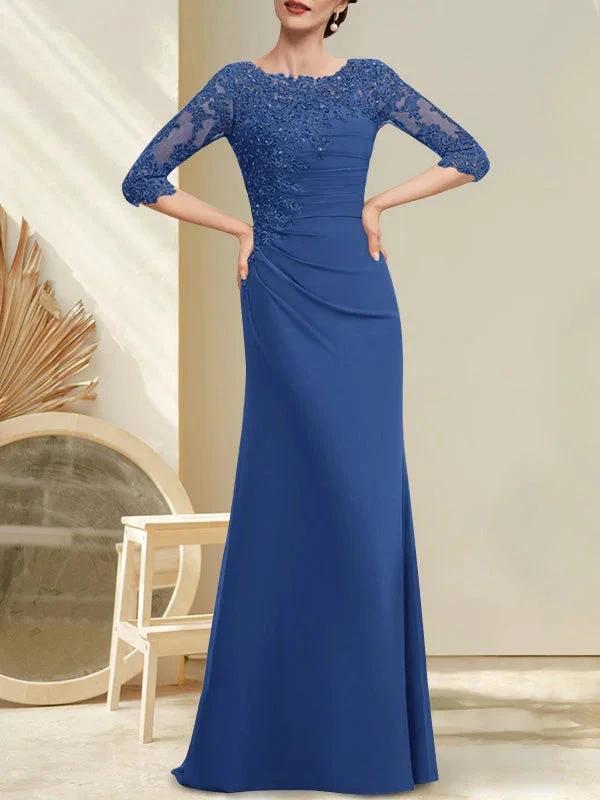 A-line Scoop Floor-Length Chiffon Lace Mother of the Bride Dress With Beading Pleated Sequins by Dreamylily