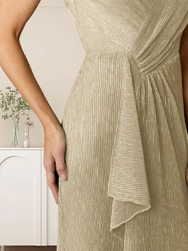 A-Line V-Neck Ruched Metallic Mesh Dress by Dreamylily