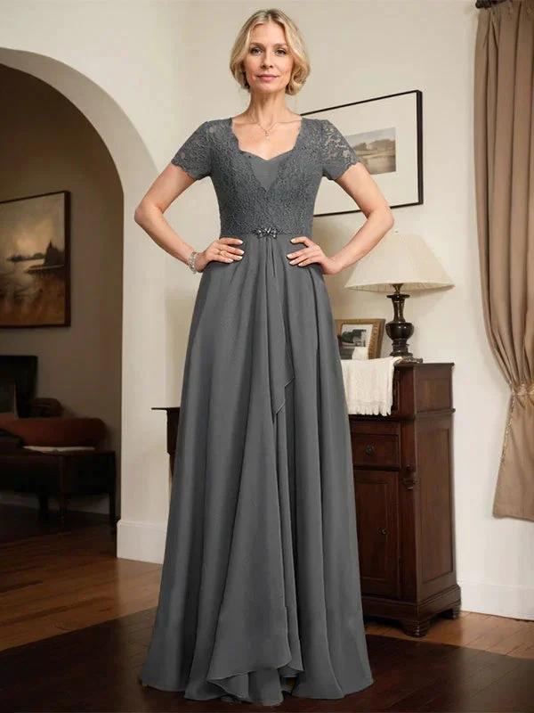 A-line Sweetheart Floor-Length Chiffon Lace Mother of the Bride Dress With Beading Cascading Ruffles by Dreamylily
