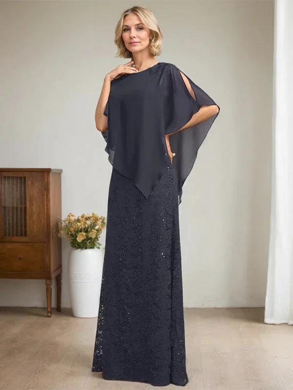 Sheath/Column Scoop Floor-Length Chiffon Lace Mother of the Bride Dress With Sequins Beading by Dreamylily