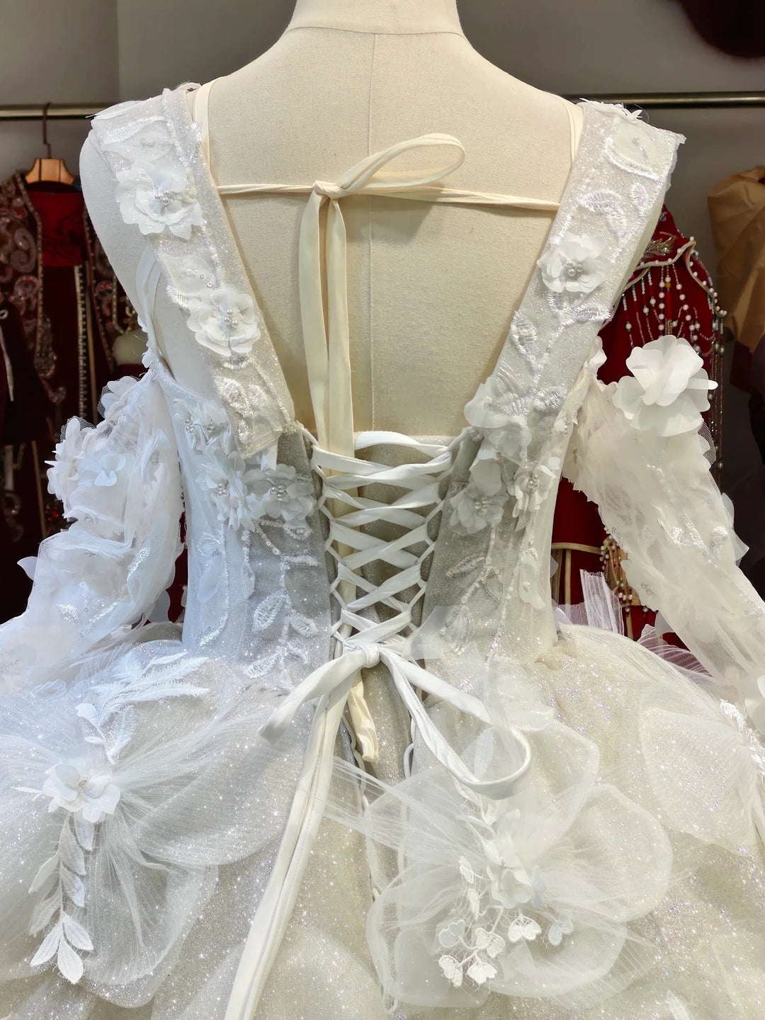 Ivory Petal Whisper Ballgown Organza Floral Bust &amp; Bloom Train by ZAPDRESS