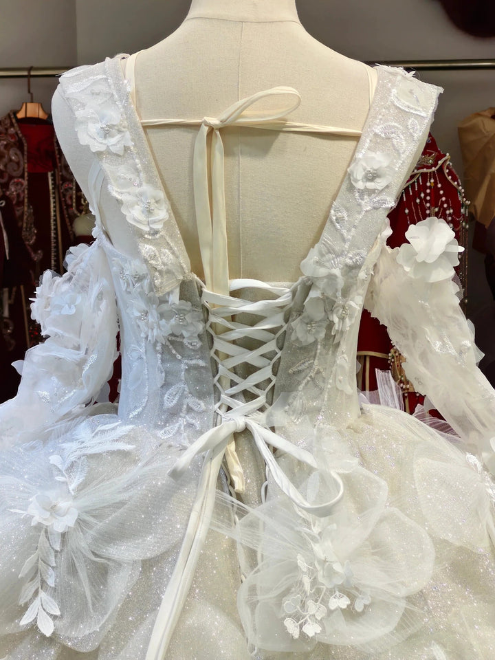 Ivory Petal Whisper Ballgown Organza Floral Bust &amp; Bloom Train by ZAPDRESS