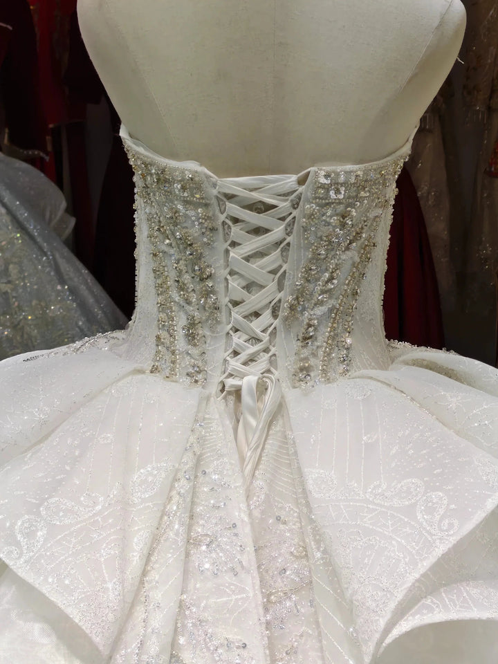 White Gleam Strapless Ballgown Beaded Bust &amp; Ruffled Train by ZAPDRESS