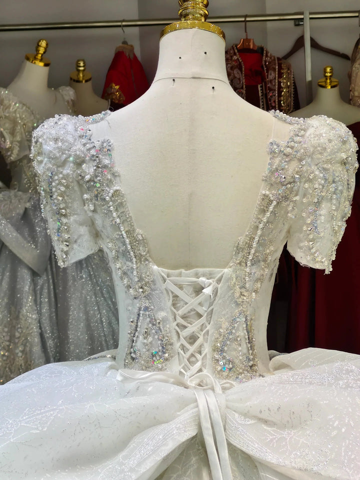 Silver Sparkle Cap-Sleeve Ballgown Beaded Bust &amp; Bow Train by ZAPDRESS