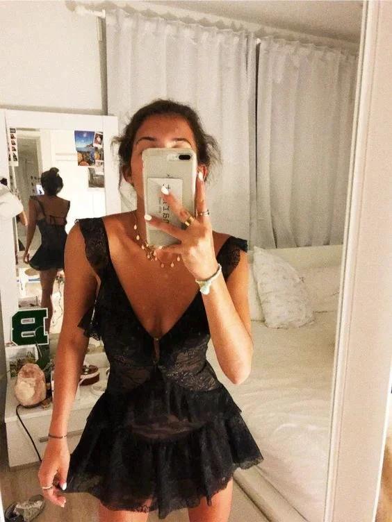 A-line V Neck Black Lace Homecoming Dress Sleeveless Party Dress Y418 by simplepromdress