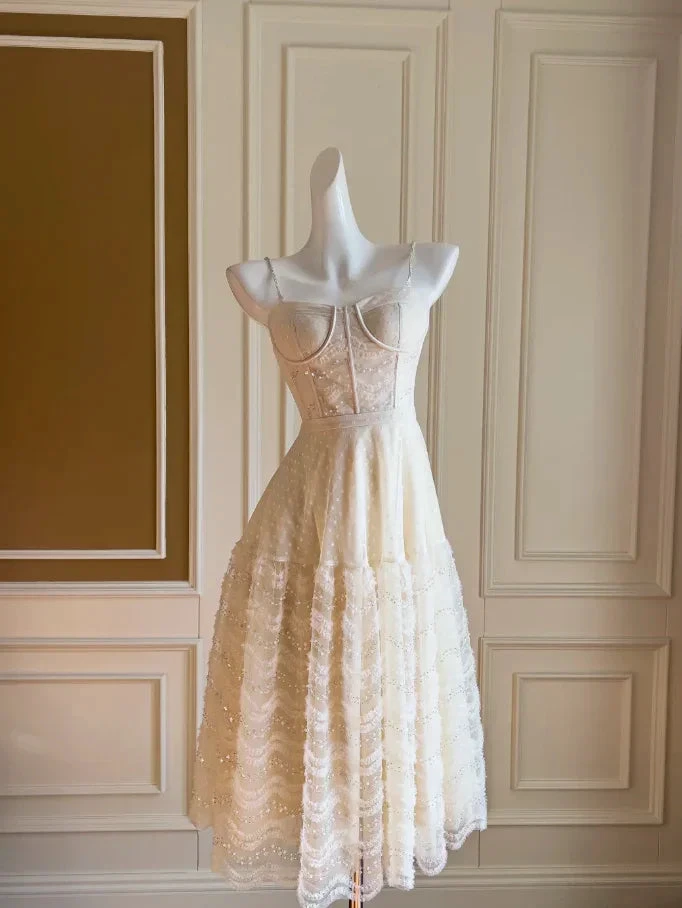 Edles Spaghettiträger Tüll Pailletten Midi Ballkleid Helles Champagner A-Linie Abendkleid Y8571