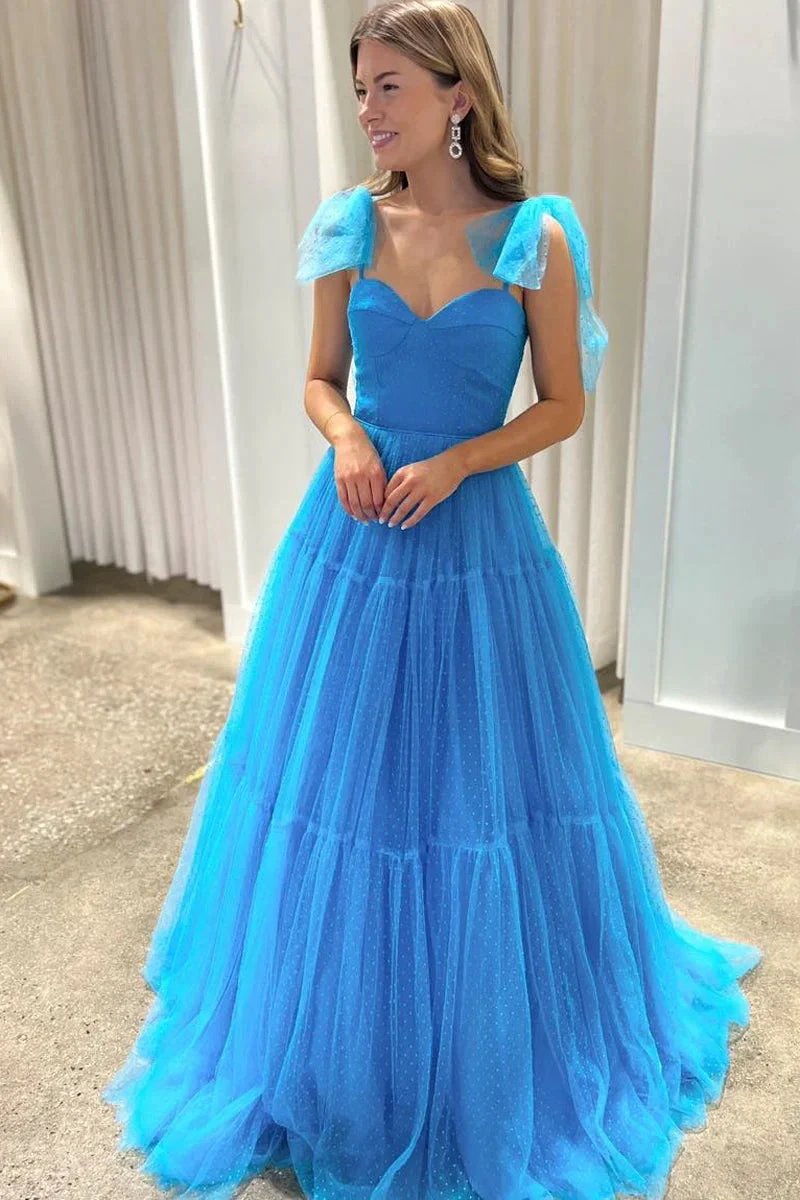 Stacey | Blue Sweetheart Tie Straps Tulle A-Line Long Prom Dress by KissProm