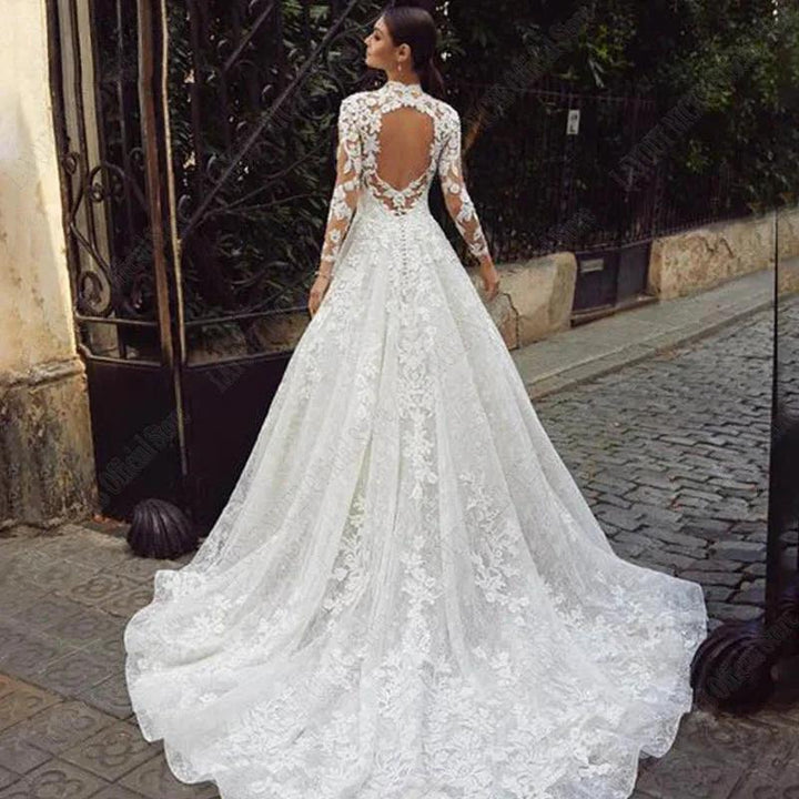 Wedding Dresses For Bride Long Sleeves Luxury Lace Backless High Neck Bridal Gown Appliques Vestidos De Boda by payinti