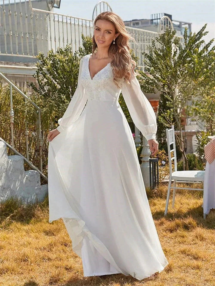 Classic Appliques 3D Flower Wedding Dress Simple Deep V-neck Long Sleeve Bridal Gown Beach Vestidos De Novia by payinti