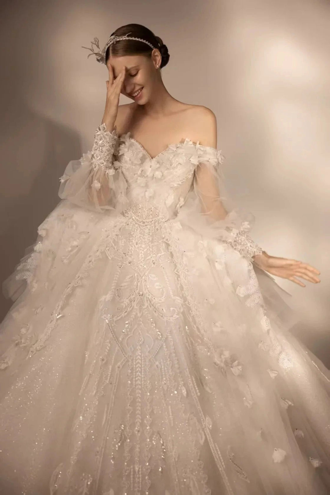 Gorgeous Long Ball Gown Off-the-Shoulder Tulle Wedding Dress with 3D Floral &amp; Crystal Embroidery &amp; Cathedral Train H009 by ZAPDRESS