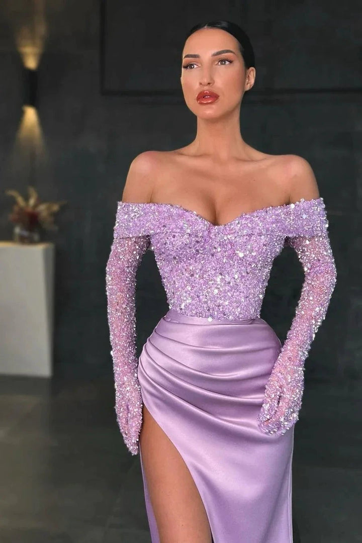 Long Sleeves Mermaid Off the shoulder Satin Sequins Prom Dress With Slit by BIZTUNNEL