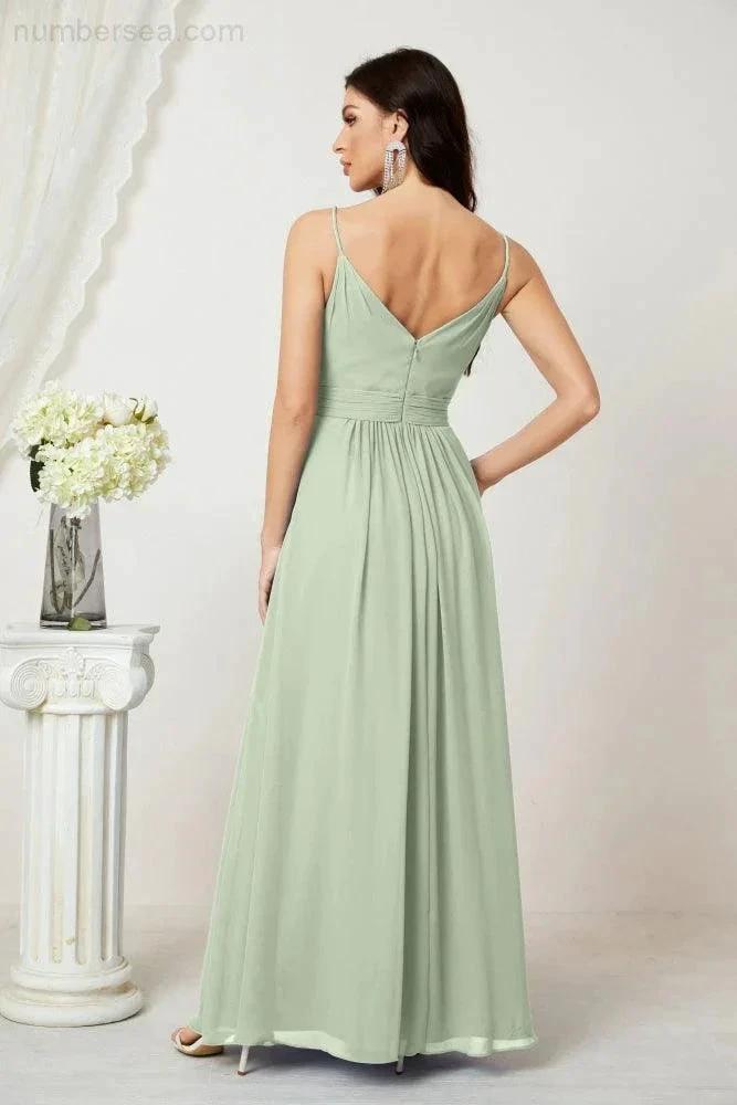 Numbersea Chiffon V-Neck Bridesmaid Dress Spaghetti Strap Long Formal Party Prom Gowns with Slit 28010 by numbersea