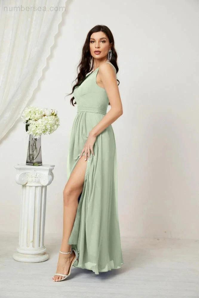 Numbersea Chiffon V-Neck Bridesmaid Dress Spaghetti Strap Long Formal Party Prom Gowns with Slit 28010 by numbersea