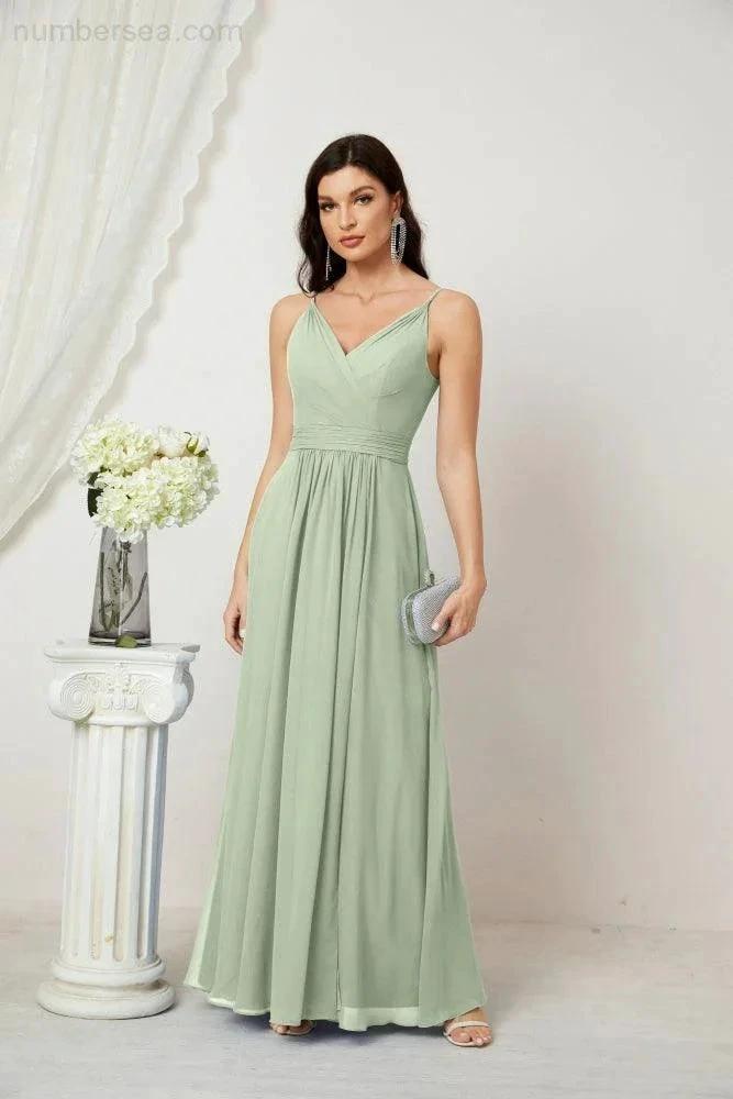Numbersea Chiffon V-Neck Bridesmaid Dress Spaghetti Strap Long Formal Party Prom Gowns with Slit 28010 by numbersea
