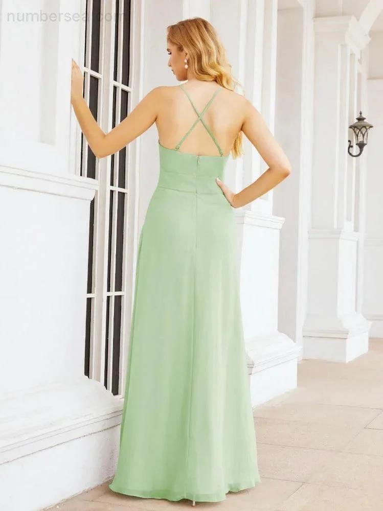 Numbersea Halter Bridesmaid Dresses with Pockets Sleeveless Formal Evening Party Prom Gowns 28055 by numbersea