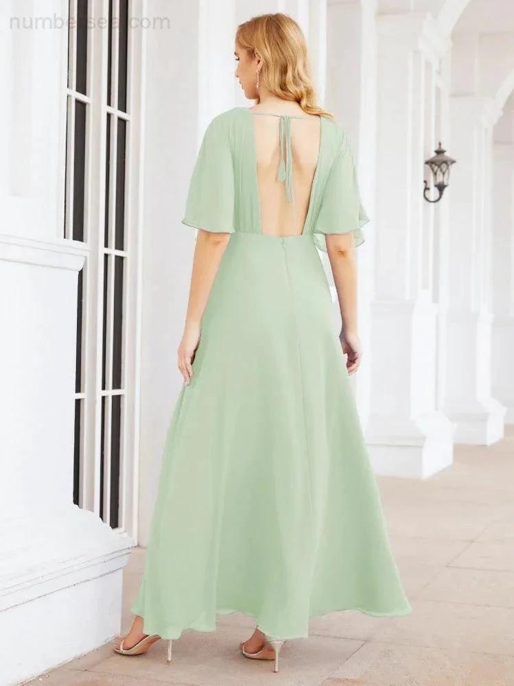 Numbersea V-Neck Bridesmaid Dress Chiffon Long Open Back Formal Dresses for Women Party Evening 28067 by numbersea