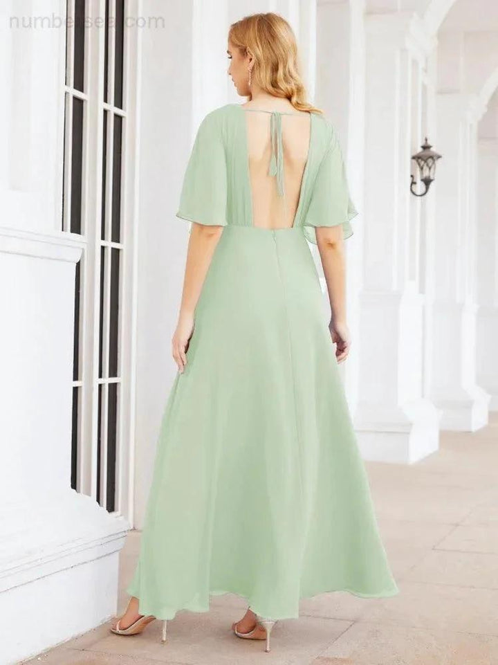 Numbersea V-Neck Bridesmaid Dress Chiffon Long Open Back Formal Dresses for Women Party Evening 28067 by numbersea
