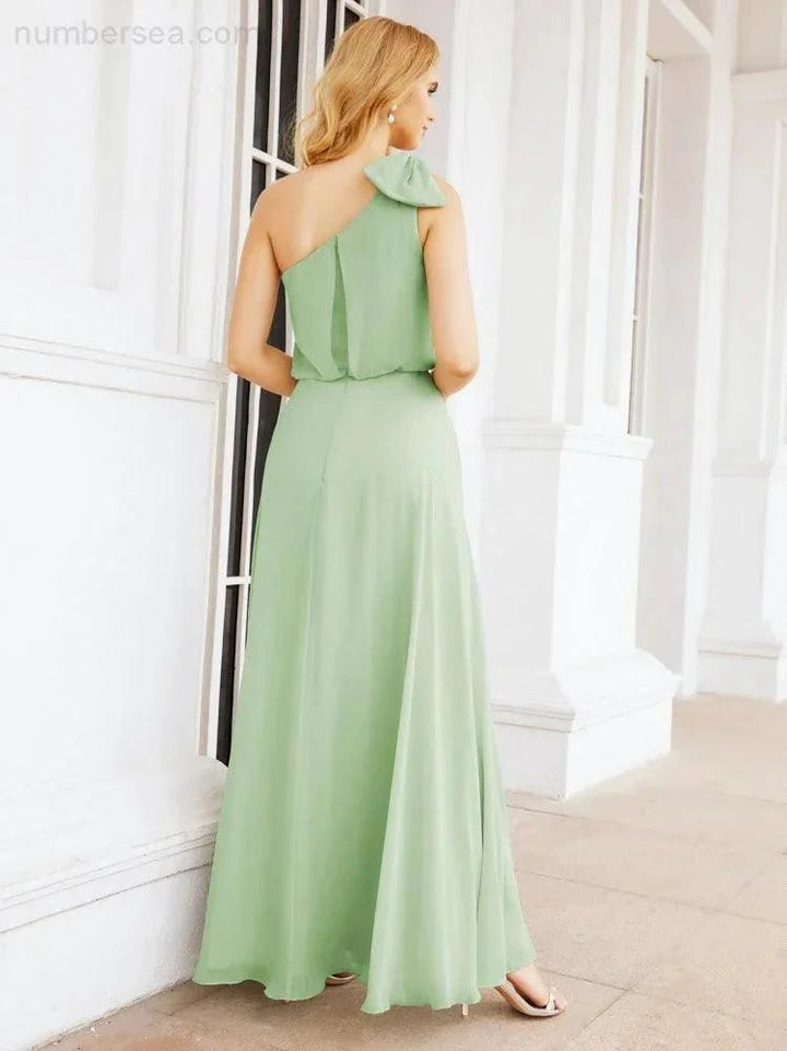 Numbersea Chiffon Ruffled One Shoulder Sleeveless Long Bride Dresses A-line Formal Evening Gown Side Split 28057 by numbersea