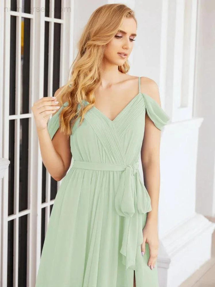Numbersea Off The Shoulder Chiffon Bridesmaid Dress Long Formal Graduation Gown with Cowl Back 28069 by numbersea