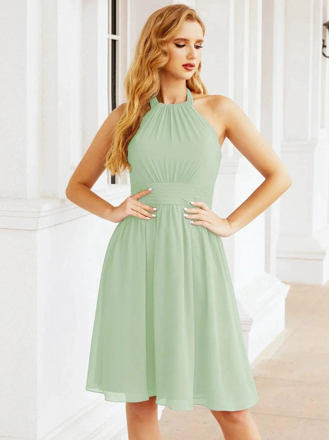 Numbersea Halter Chiffon Bridesmaid Dresses Short Sleeveless Formal Party Dress Open Back 28023 by numbersea