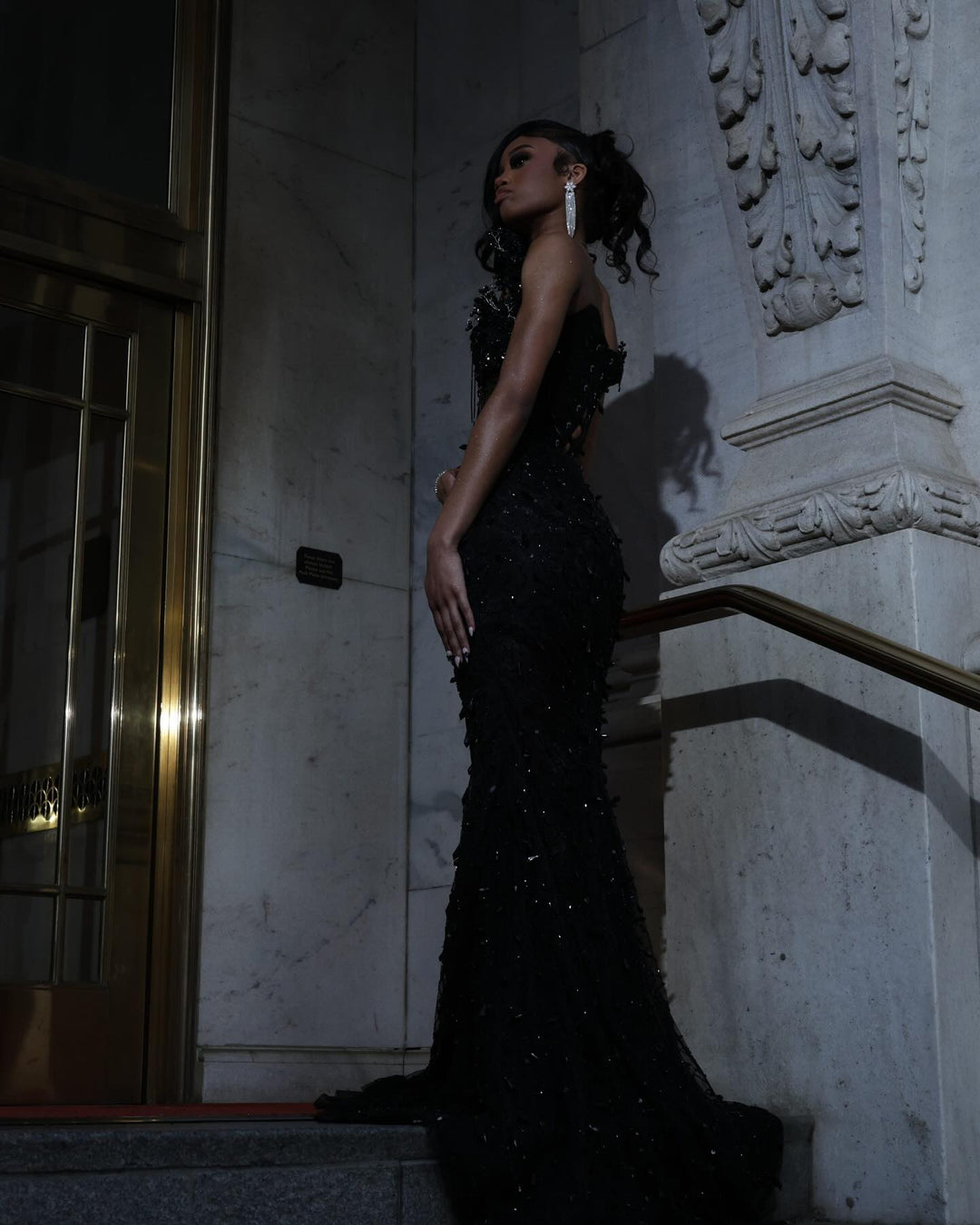 Luxury Black Sequin Mermaid Prom Dress – Illusion Corset Bodice with 3D Beaded Lace &amp; Off-the-Shoulder Detail | 2026 Gothic Glamour Evening Collection