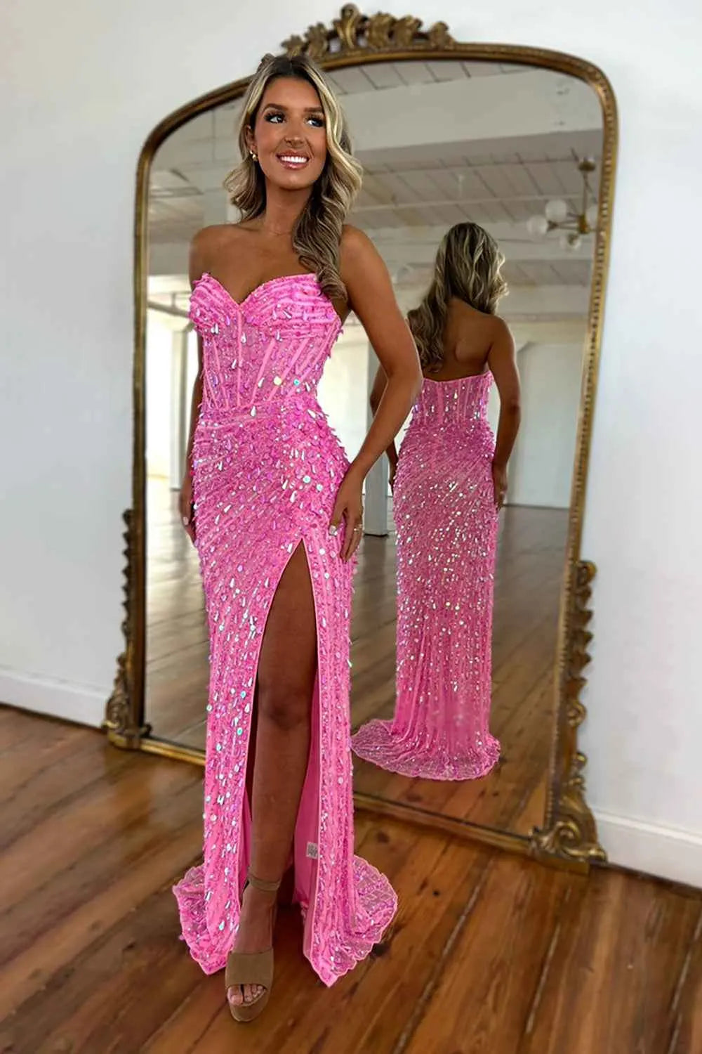 Sparkly Gold Fully Beaded Prom Dress with Deep V Neck Slit and Open Back