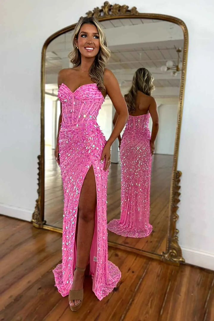 Sparkly Gold Fully Beaded Prom Dress with Deep V Neck Slit and Open Back
