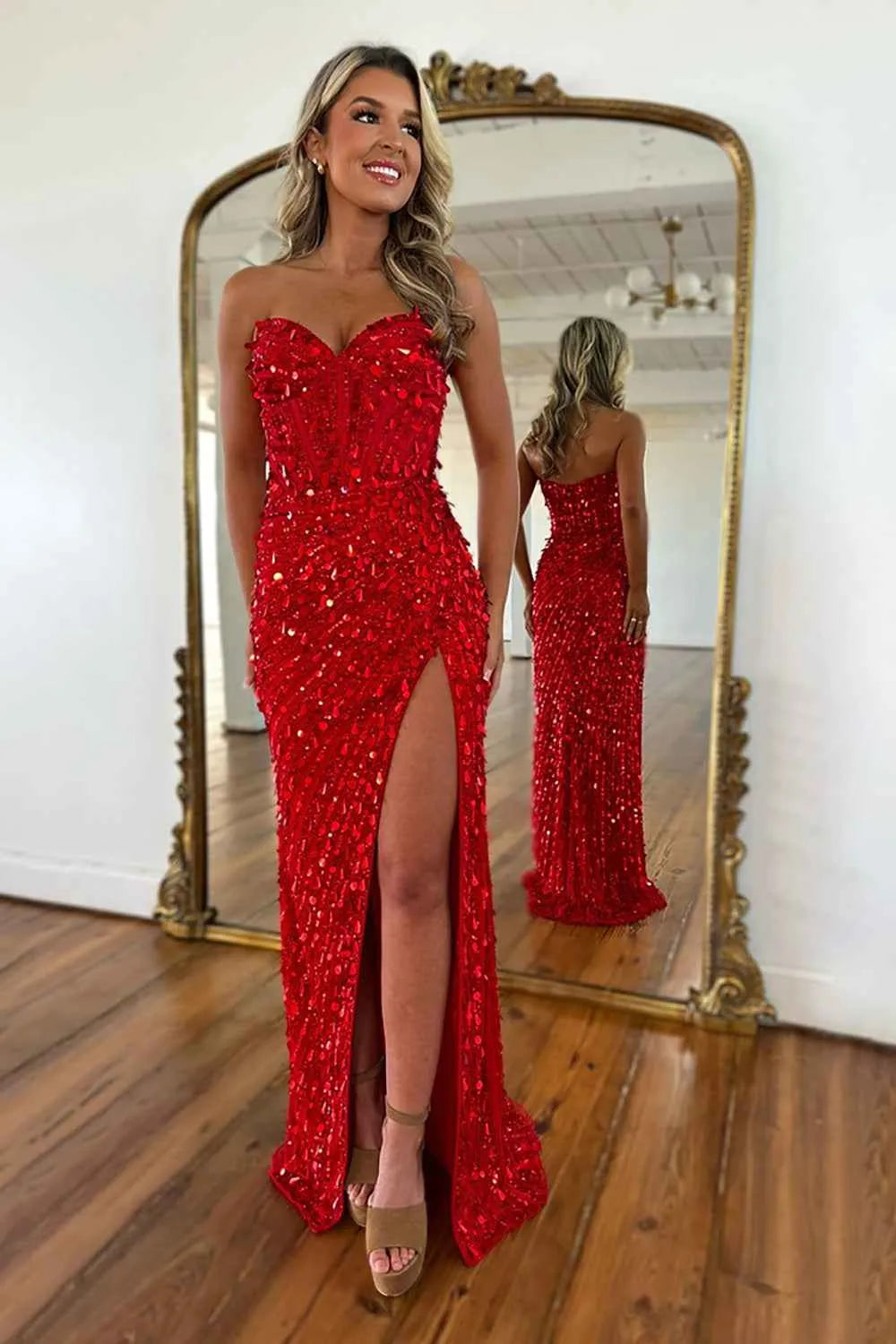 Sparkly Gold Fully Beaded Prom Dress with Deep V Neck Slit and Open Back