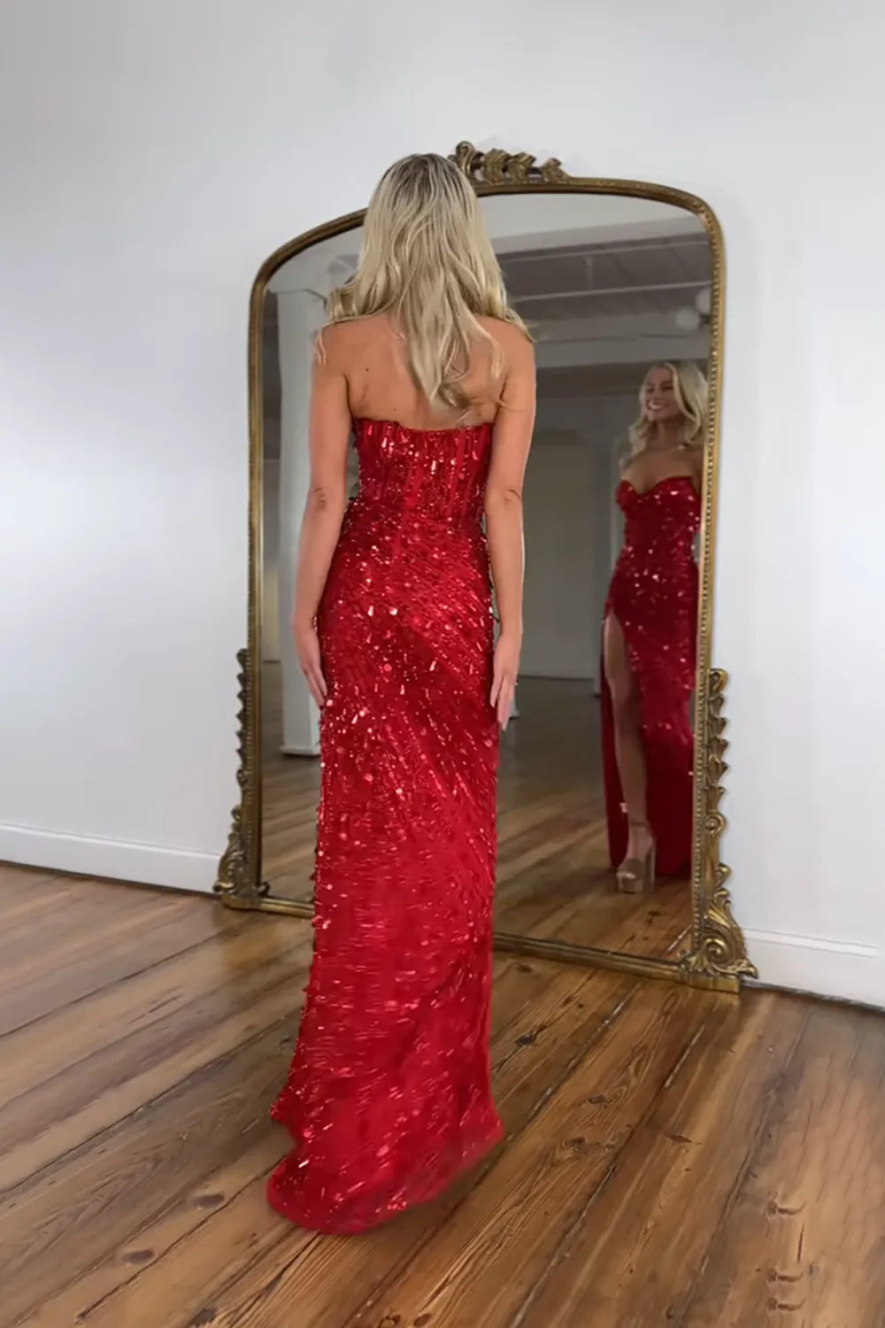 Sparkly Gold Fully Beaded Prom Dress with Deep V Neck Slit and Open Back