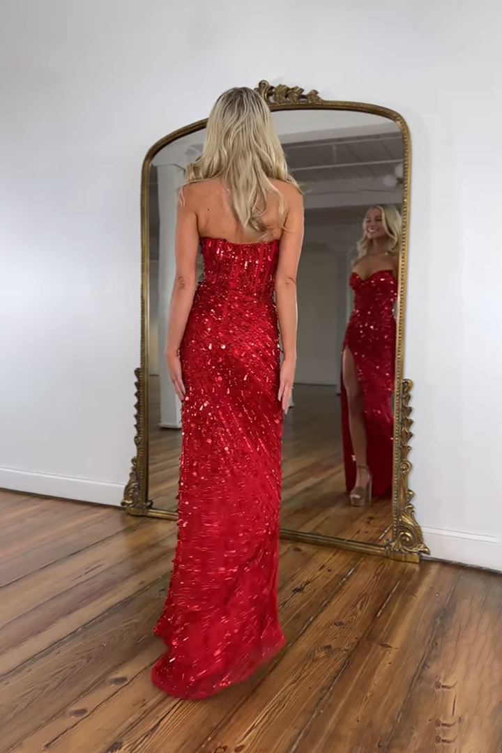 Sparkly Gold Mermaid Sequins Sweetheart Long Corset Prom Dress with Slit