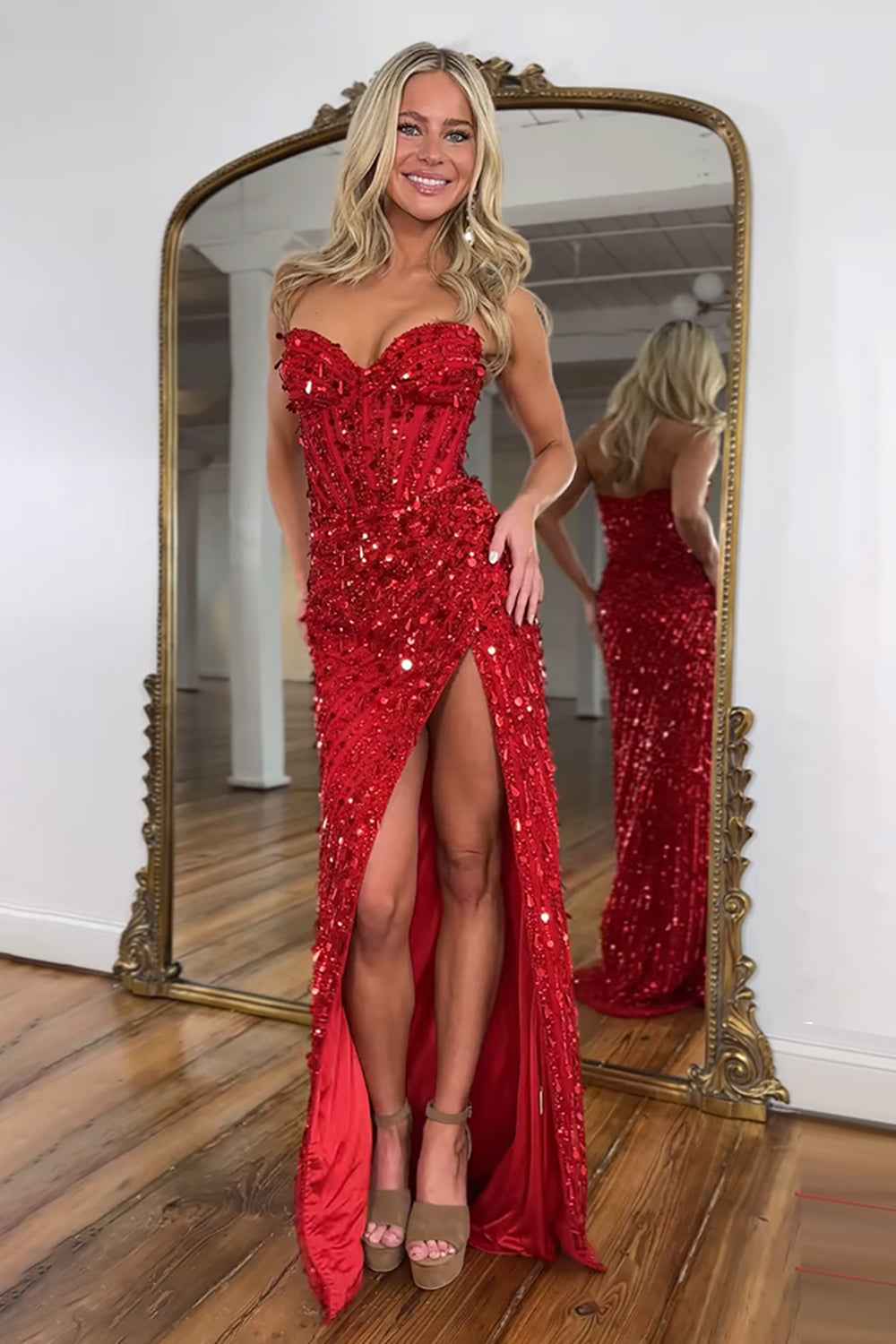 Sparkly Gold Mermaid Sequins Sweetheart Long Corset Prom Dress with Slit