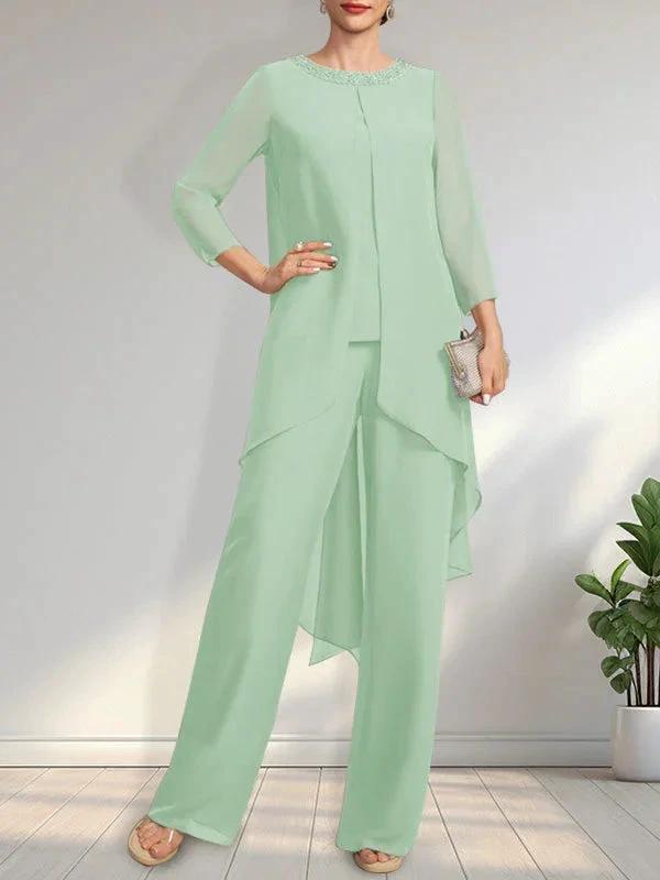 Separates Jumpsuit/Pantsuit Scoop Floor-Length Chiffon Mother of the Bride Dress With Sequins Beading by Dreamylily