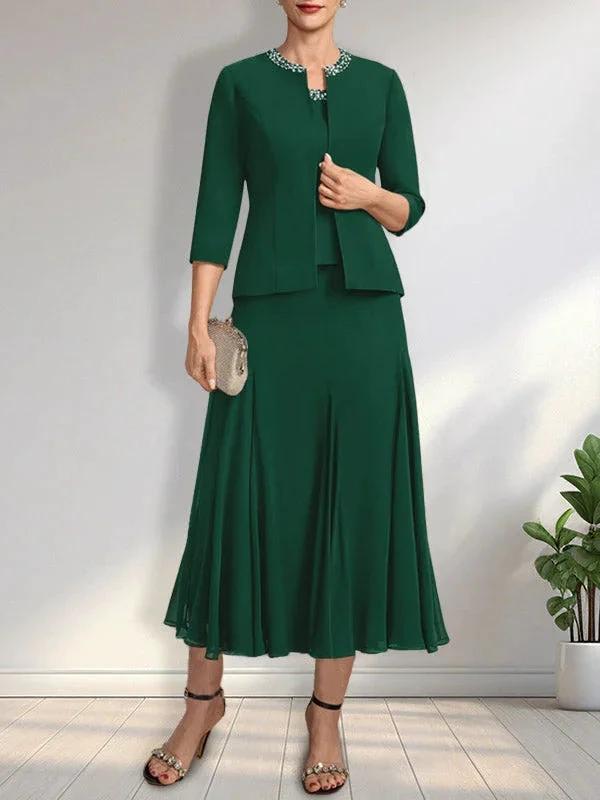 Separates A-line Scoop Tea-Length Chiffon Mother of the Bride Dress With Sequins Beading by Dreamylily