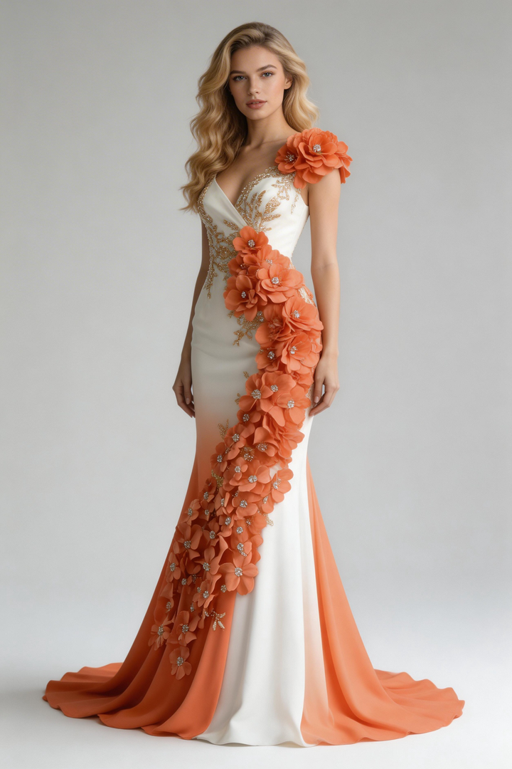 Robe de soirée sirène en mousseline avec appliques de pivoines élégantes Y8567