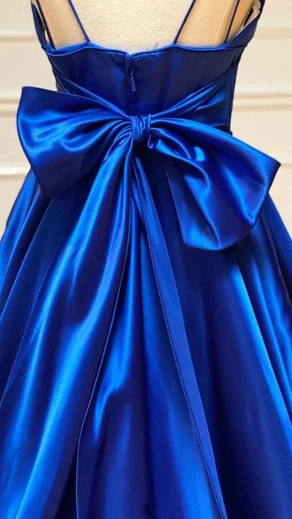 A-line Satin V Neck Royal Blue Prom Dresses Evening Dresses Y1163 by simplepromdress