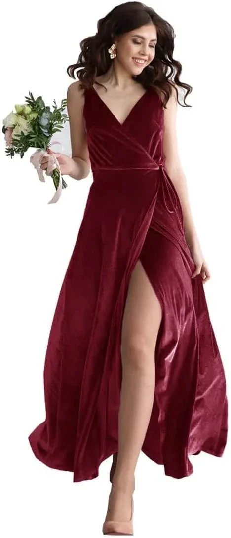 Velvet V Neck Bridesmaid Dress Long Women&