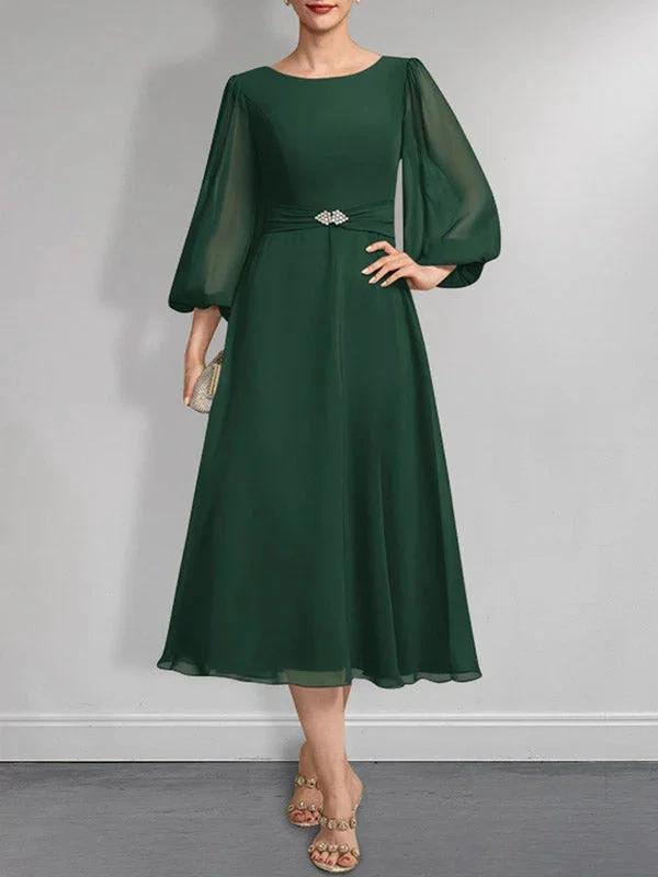 A-line Scoop Tea-Length Chiffon Mother of the Bride Dress With Crystal Brooch Pleated by Dreamylily