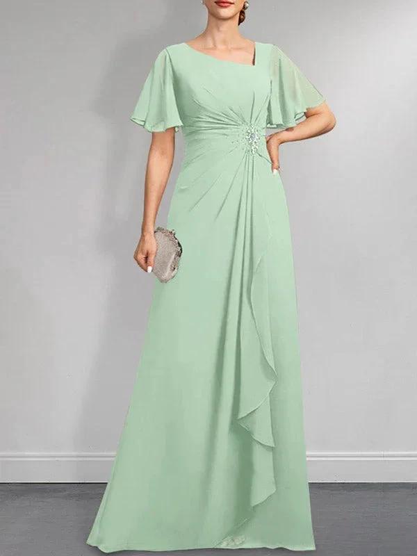 A-line Asymmetrical Floor-Length Chiffon Mother of the Bride Dress With Pleated Beading Sequins by Dreamylily