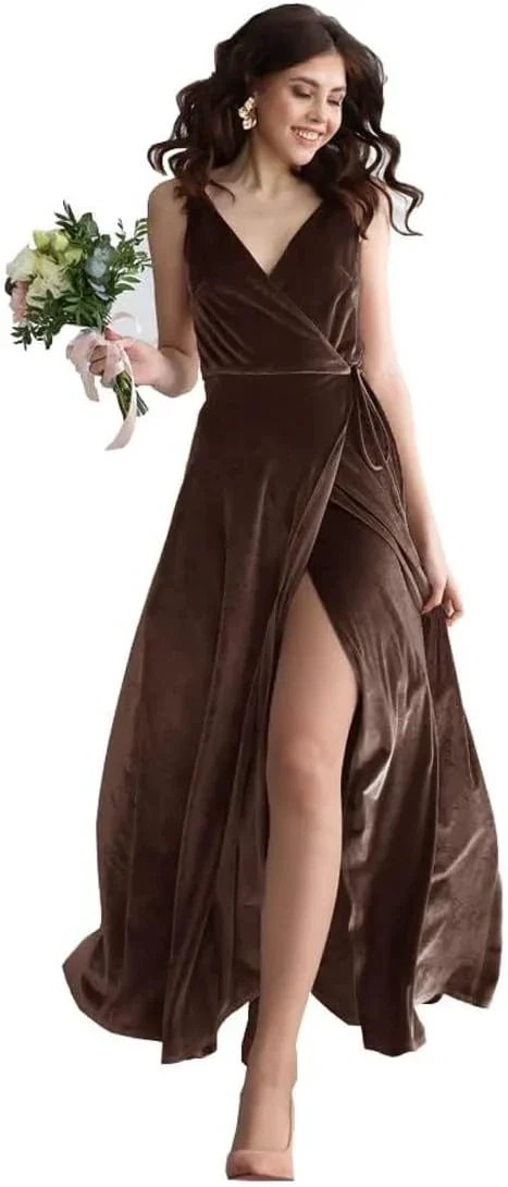 Velvet V Neck Bridesmaid Dress Long Women&