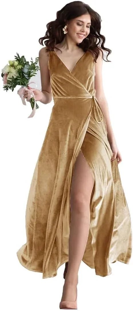 Velvet V Neck Bridesmaid Dress Long Women&